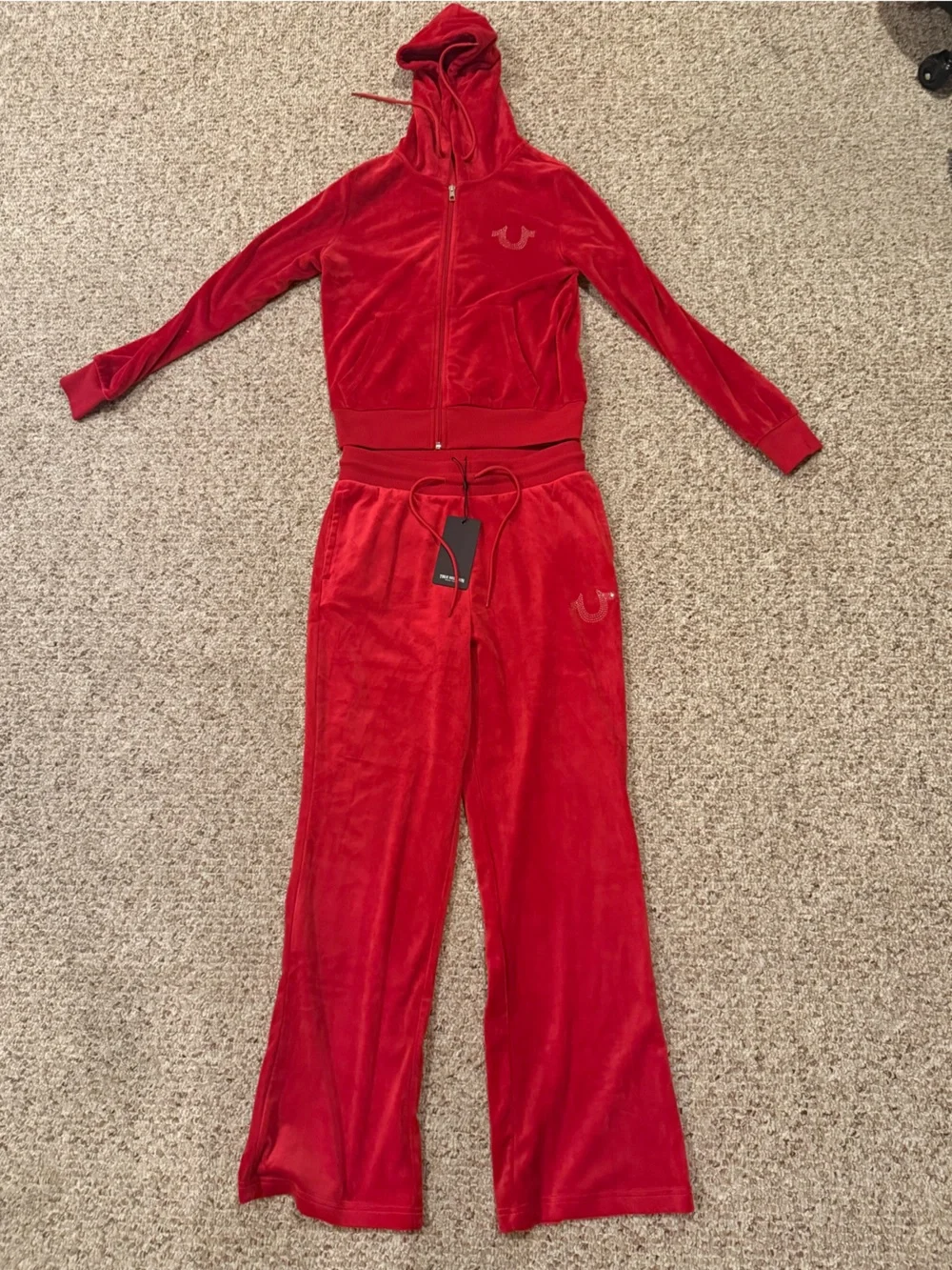 True Religion Red Velour Zip Hoodie & Joggers Set